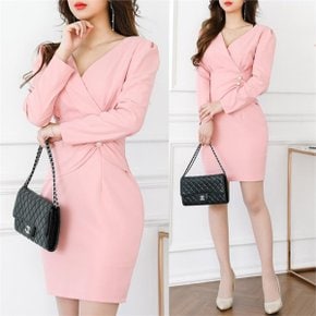 브이넥 진주버튼 포인트 긴팔 벌룬 미니원피스 OPS2423_P071185668
