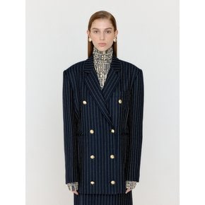 VANETTE Double-Breasted Blazer - Navy/Beige Stripe