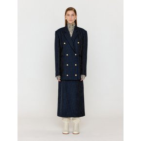 VANETTE Double-Breasted Blazer - Navy/Beige Stripe