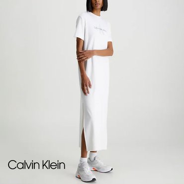 Calvin Klein 캘빈클라인 반팔티 드레스 브라이트 화이트 여성 모노그램 막시 티셔츠 원피스