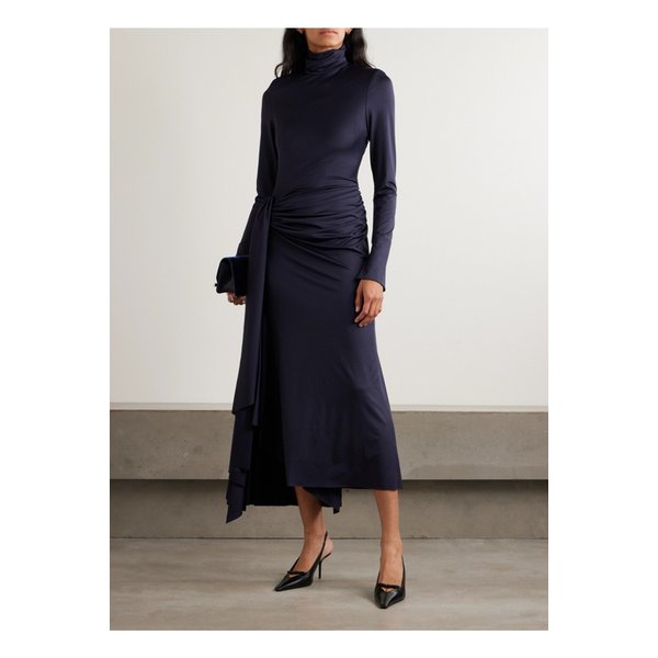 개더 드레이프 저지 터틀넥 미디 드레스 네이비 46376663162953761