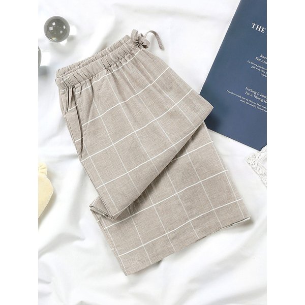 베이지 L.체크 5부 순면 남성 잠옷 파자마 바지