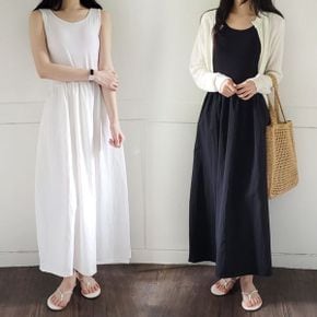 민소매 바스락 나시 면 배색 레이어드 나시 롱 원피스  a882_P386494099
