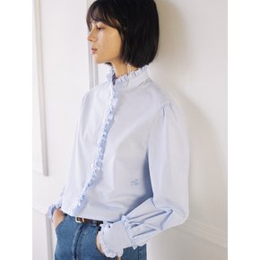 Classic Frill Crop Blouse-Blue Stripe