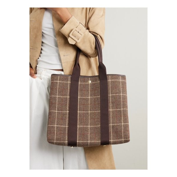 휘 드 베르누이 헌터 라지 웨빙 가죽 트리밍 체크 트위드 토트백 46376663162918548