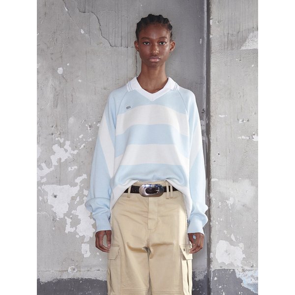 Striped Knit Rugby Top UNISEX Sky Blue Cream