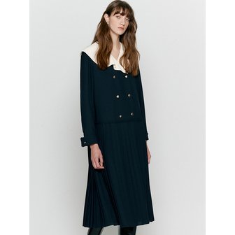 비뮤즈맨션 V-ruffled neck pleated dress - Navy