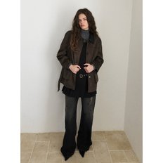 Belted Collar Suede Jacket, Brown