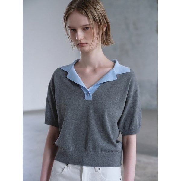 [Fine Cotton] Open Collar Knit Pullover  Grey (KE6351M053)