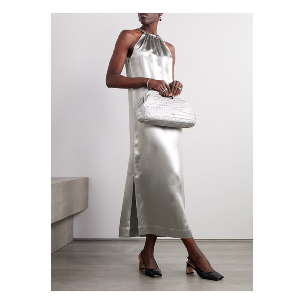 루루 드 시종 모렌 메탈릭 실크 혼방 샤르뫼즈 미디 드레스 실버 1647597325018703