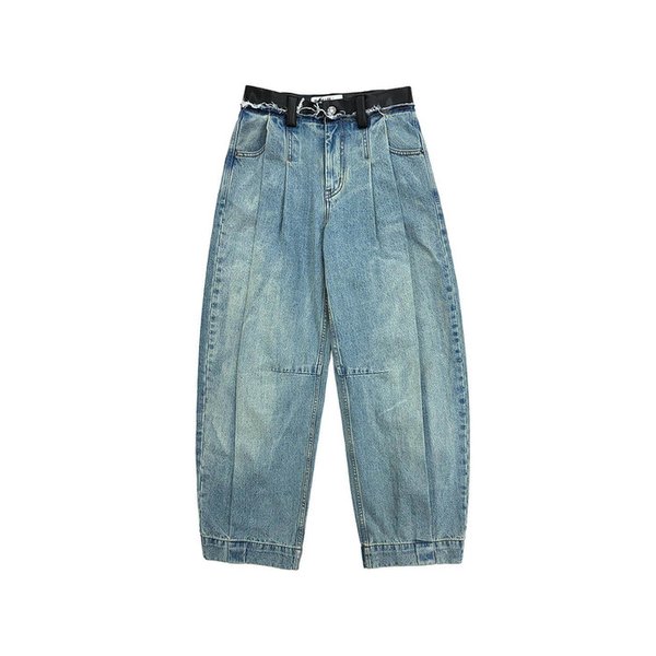 BLUE VOLUME TUCK FAUX LEATHER BELT DENIM PANTS