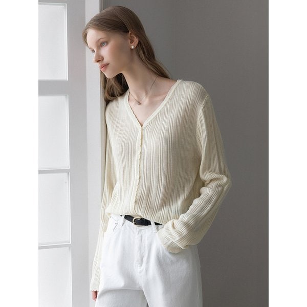 물결 V넥 슬림 골지 니트 가디건_3color