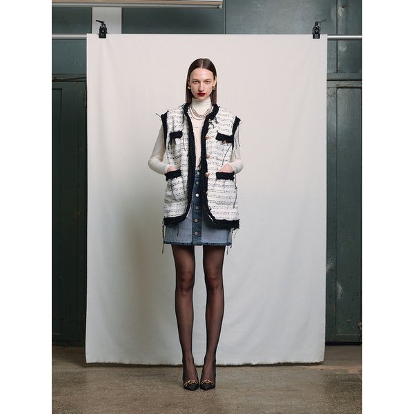 WHITE DISTRESSED 4-POCKET TWEED VEST