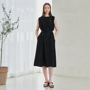 Round Neck Sleeveless Belted Dress - Black