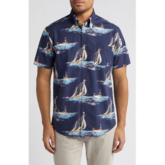 이스퀘어 5059070 Brooks Brothers Regular Fit Sailboat Print Short Sleeve Button-Up Shirt