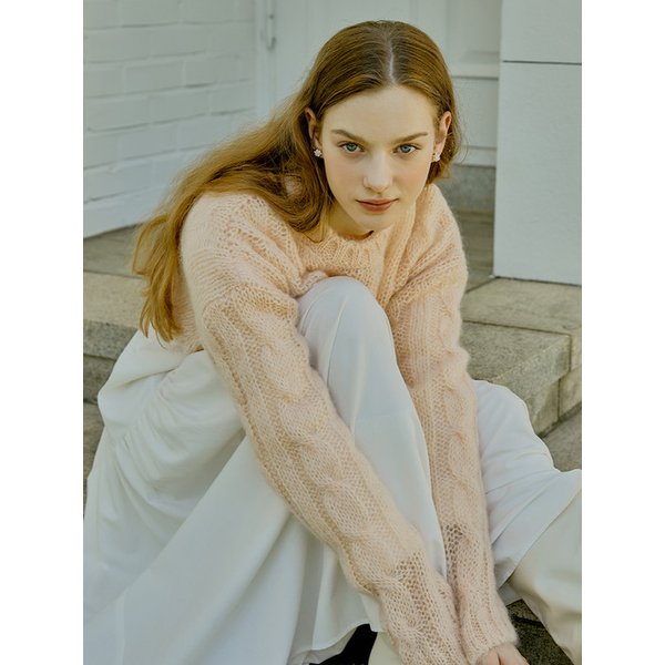 [리퍼브] Mohair cable crop knit (pink)