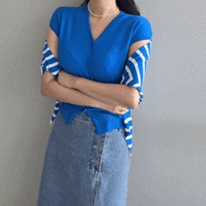 세트  에스트 스트라이프 숄 민소매 버튼 가디건 화사한 여름 투피스 3color _P423412661