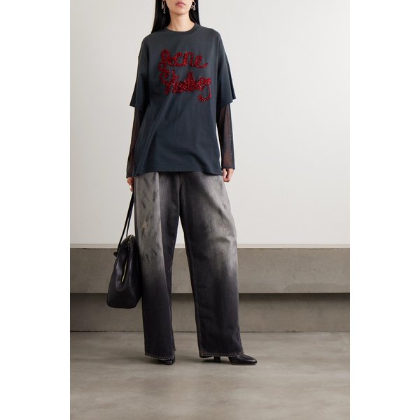 틴셀 트림 레이어드 코튼 저지 메쉬 티셔츠 46376663162975953