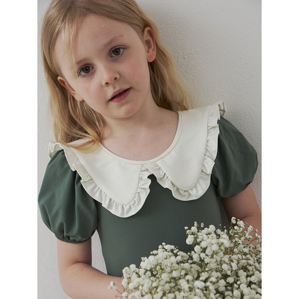 아동 퍼프소매 원피스 수영복 세트_카키