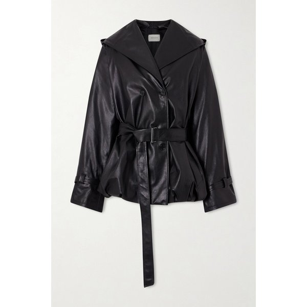 마그다부트림 더블브레스트 벨티드 후드 가죽 재킷 46376663162976292