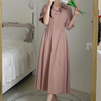  [옷자락] 여자 히든버튼 투웨이셔츠 벨트 카라넥 반팔 롱원피스