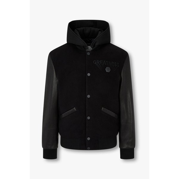 레더 슬리브 후디드 바시티 봄버 자켓 8615303110000