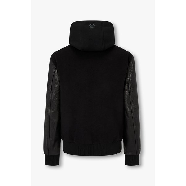 레더 슬리브 후디드 바시티 봄버 자켓 8615303110000