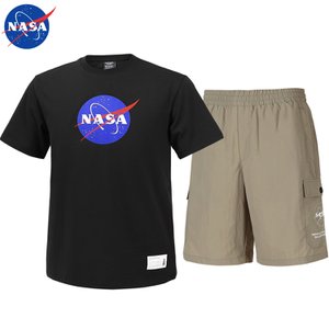 NASA 나사 남녀공용 면 라운드 반팔티+우븐 5부 반바지 상하세트 N-155UBK+N-056PBG 빅사이즈