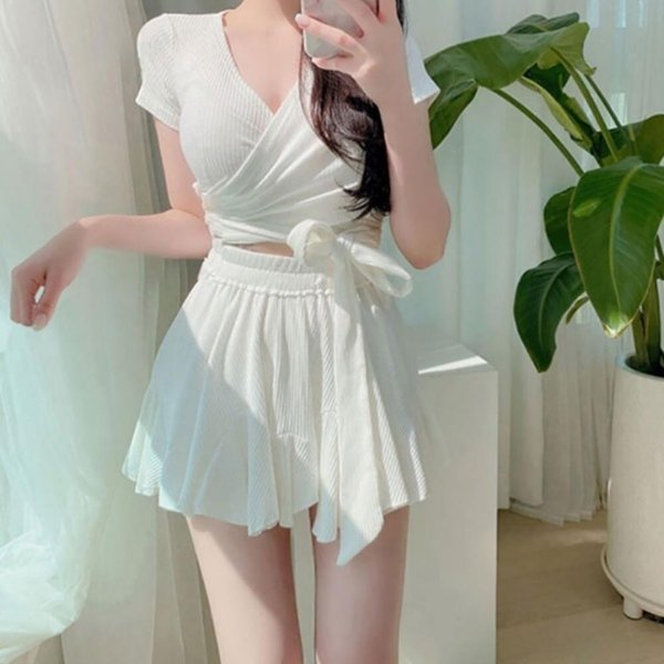 [옷자락] 여성 투피스 플레어 반팔 스커트 수영복