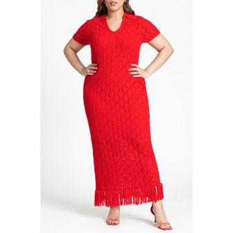 이스퀘어 4394768 ELOQUII Pointelle Stitch Fringe Trim Maxi Sweater Dress