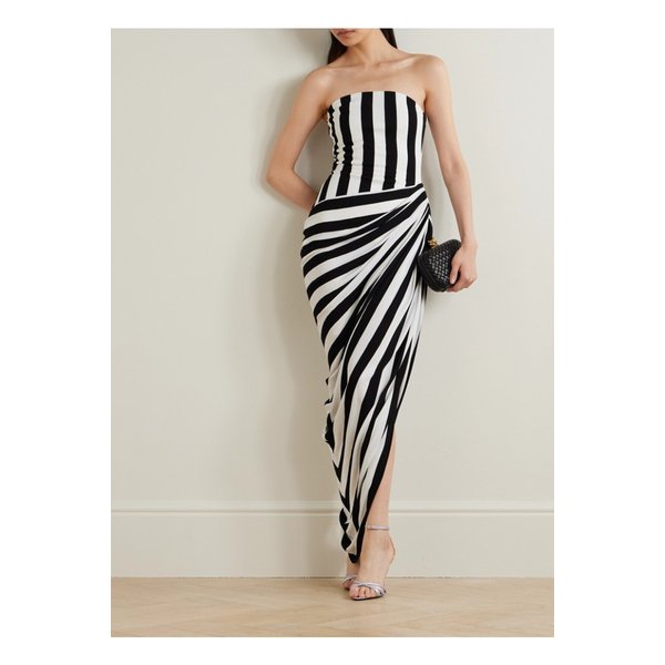 스트랩리스 비대칭 드레이프 스트라이프 저지 가운 화이트 1647597336766384