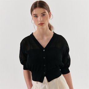 V-NECK LINEN HALF MESH CARDIGAN BLACK