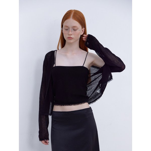 LACE FRILL CARDIGAN & SLEEVELESS SET-BLACK