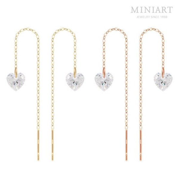14K Gold 롱 드롭 하트 큐빅 5mm 데일리 심플 베이직 금 줄 귀걸이