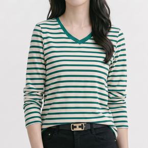 NT3441 데일리 스트라이프 브이넥 긴팔 티셔츠