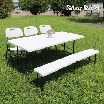 체어센스 벨리체 화이트 테이블 1800 6인 체어 벤치 세트 야외 접이식 의자 캠핑 베란다 테라스 카페 펜션