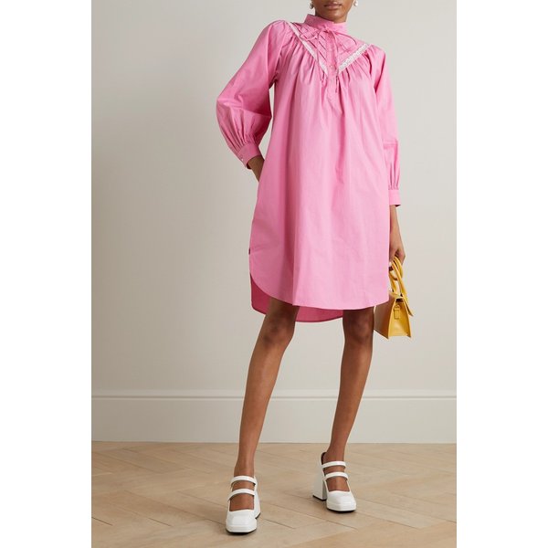 바체바 랜드리 레이스 트리밍 핀턱 자수 코튼 포플린 미니 드레스 핑크 1647597302477917