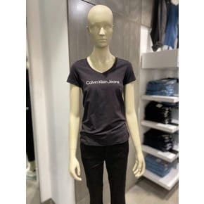 [여주점] CKJ 여성 기본 로고 슬림핏 브이넥 티셔츠(J217197-BEH)