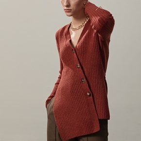 RIBBED-KNIT BUTTONED V-NECK CARDIGAN(BRICK)