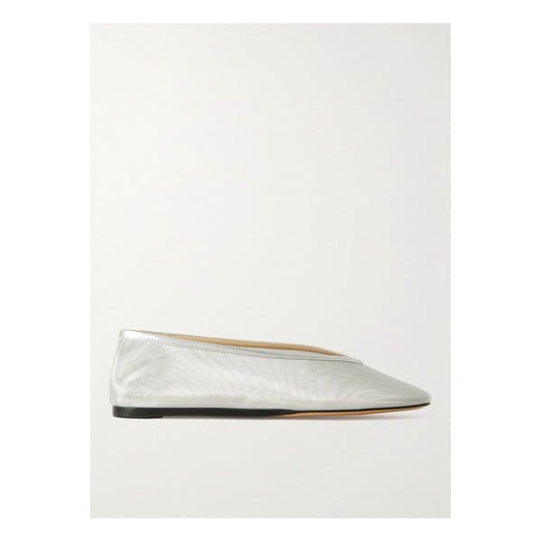 르 몽드 베릴 루나 메탈릭 가죽 트리밍 메시 발레리나 플랫 실버 1647597331897394