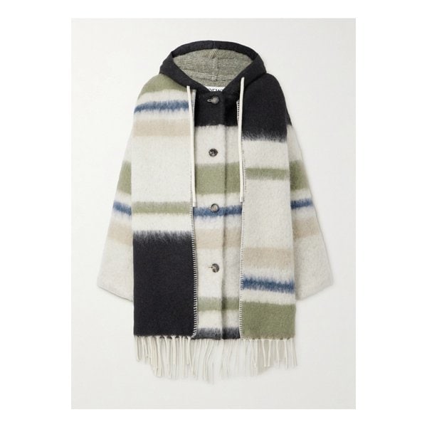 후드 프린지 스카프 디테일 스트라이프 울 혼방 코트 화이트 1647597350671095