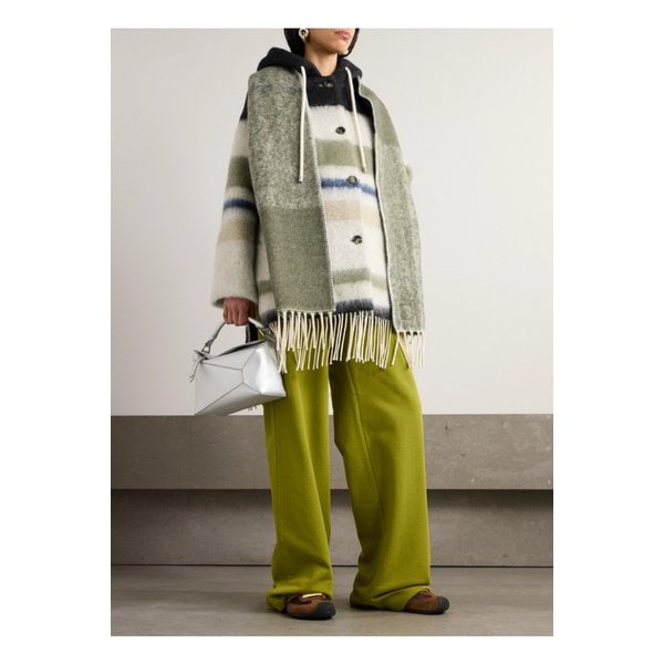 후드 프린지 스카프 디테일 스트라이프 울 혼방 코트 화이트 1647597350671095