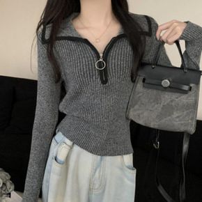 긴팔 티셔츠 브이넥 반집업 카라 골지 슬림핏 여성 상의
