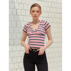 V-NECK STRIPE T-SHIRT_PINK