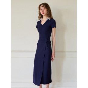 Shirt Detail Long Wrap Dress_ Navy