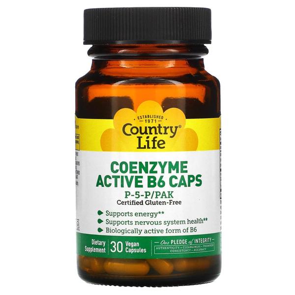 [해외직구] 컨트리라이프 코엔자임 액티브 B6 30비건캡슐 2팩 Country Life Coenzyme Active B6 Caps P-5-P/PAK 30 Vegan Capsules