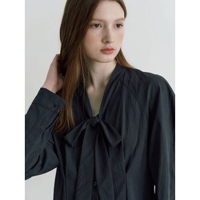 Ribbon tie pintuck puff blouse - charcoal