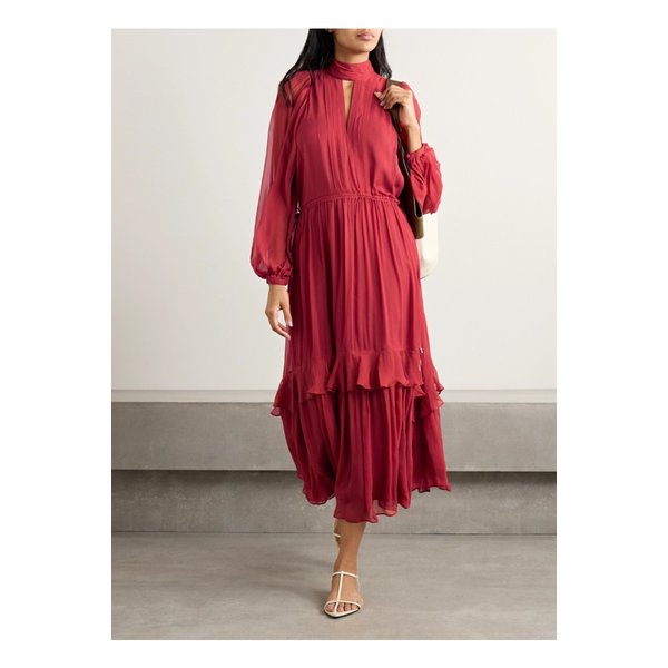 라 리뉴 컷아웃 개더 실크 크레퐁 미디 드레스 레드 1647597354768813