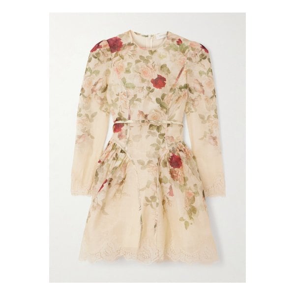 레이스 트리밍 플로럴 프린트 리넨 실크 혼방 미니 드레스 크림 46376663162947242