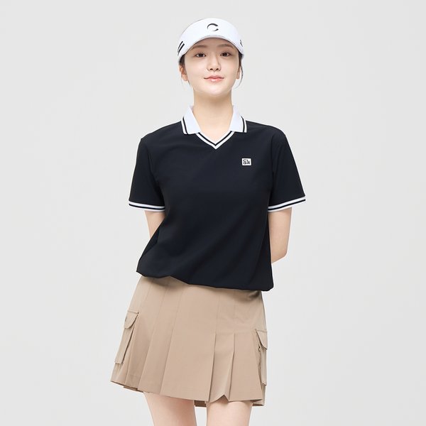 [부산점] 여성 에센셜 트리코트 V넥 스트링 반팔티 블랙